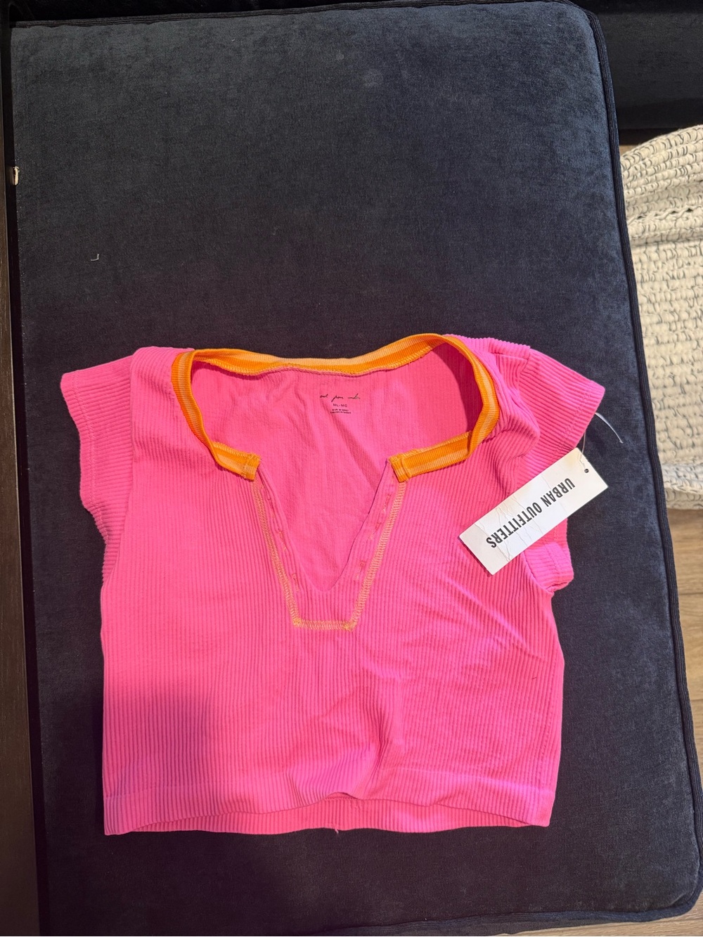 Pink Ribbed V-Neck Top with Orange Trim